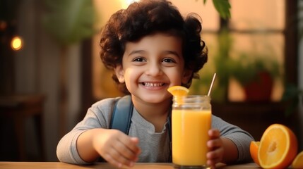 Little Indian boy drinks orange juice in a glass while sitting at home.