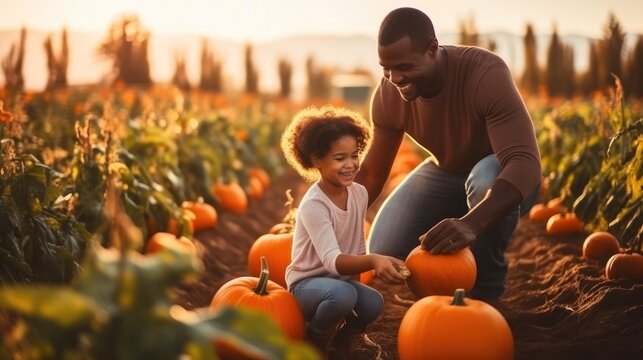 Family African American harvesting pumpkins from the garden, Father and children.