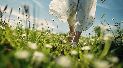 Mujer con un vestido blanco y zapatos blancos caminando por la hierba - obrazy, fototapety, plakaty