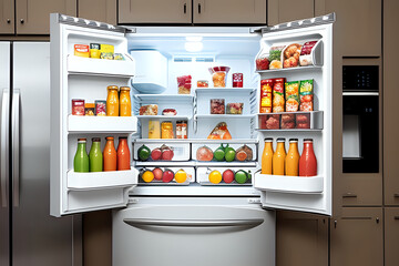 Open refrigerator filled with food in the kitchen. 3d rendering