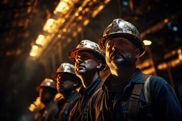 Obraz premium Team of engineers working in a heavy industrial factory. Generative Ai