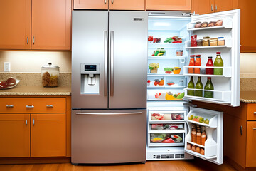 Open refrigerator filled with food in the kitchen