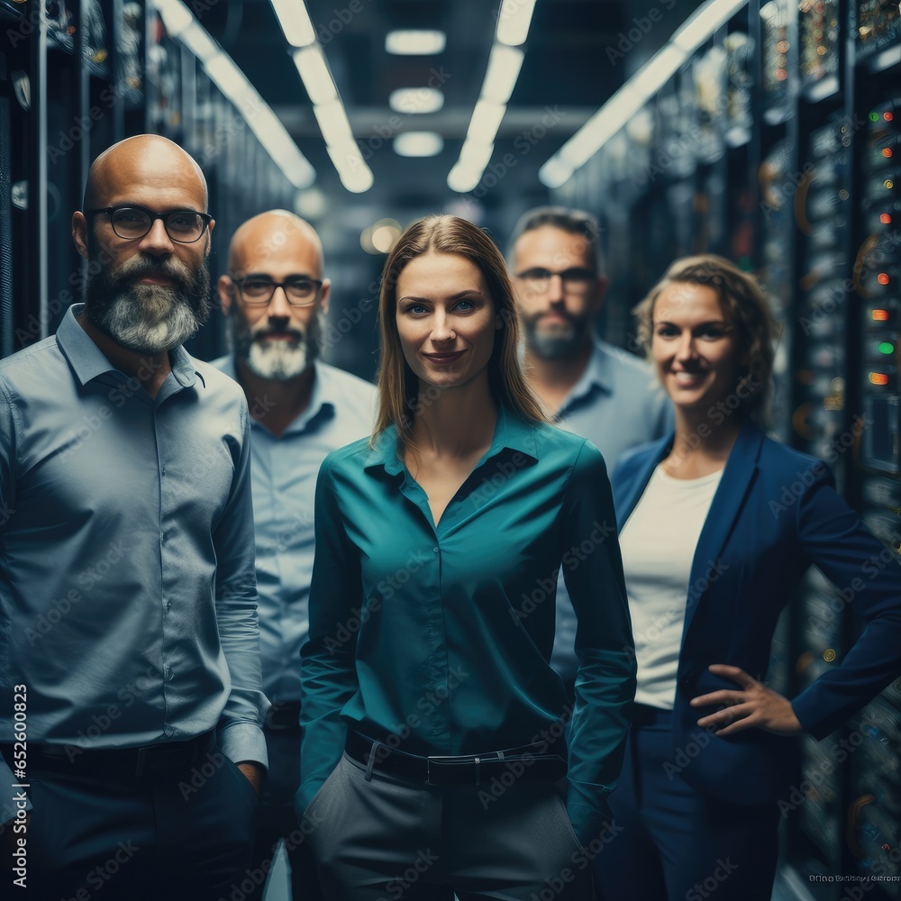 Poster business analysts proudly overseeing technology infrastructure in big database server center office.