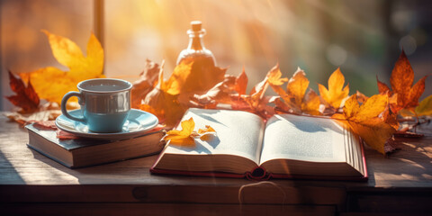 Obraz na płótnie Canvas Abstract Autumn Background. Yellow Fallen Maple Leaves, Open book and Cup of Coffee or Tea mug on a wooden table outdoor in sunny autumn garden