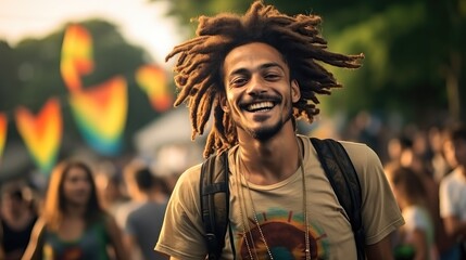 Portrait of a young man having fun in a reggae music festival. - obrazy, fototapety, plakaty