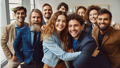 Cheerful diverse colleagues and friends having fun at work in office, Happy business team.