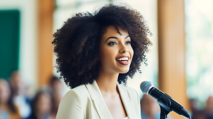 Happy african american businesswoman giving a speech at conference - Powered by Adobe