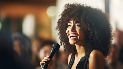Happy african american businesswoman giving a speech at conference