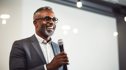 African american businessman giving a speech at conference