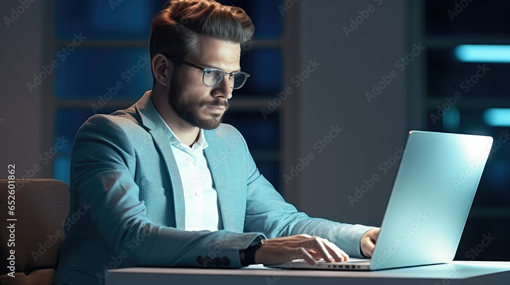 Aufkleber Business man using laptop for coding at modern workplace, Software development and programming script in cyberspace.