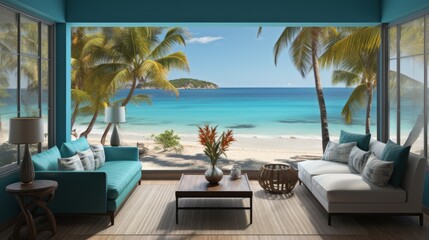 Luxury villa with terrace on a paradisiacal beach in the Caribbean with palm trees and quiet landscape; Perfect for relaxation and short vacations.