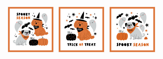 Cute cartoon Halloween dog, pumpkin, ghost - vector print 