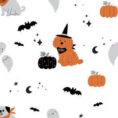 Fototapeta premium Cute cartoon Halloween dog, pumpkin, ghost - vector seamless pattern 