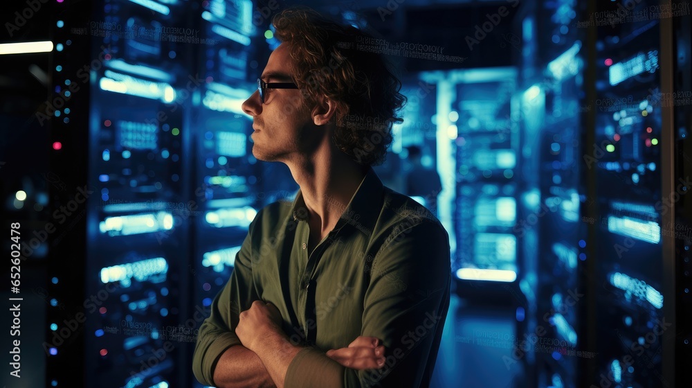 Fototapete man it administrator thinking about activating supercomputer server cabinets in data center.