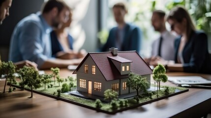 Estate agent and the buyer clients signing mortgage contract document, Model house with Apartment agency for real estate. House insurance concepts.