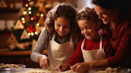 Mother and daughter preparing gingerbread cookies for Christmas together, It's time for Christmas cookies. - obrazy, fototapety, plakaty
