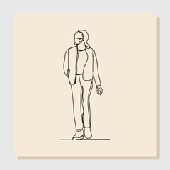 Continuous single one line sketch hand drawn drawing of woman walking wear medical mask to protect virus and disease. Vector illustration