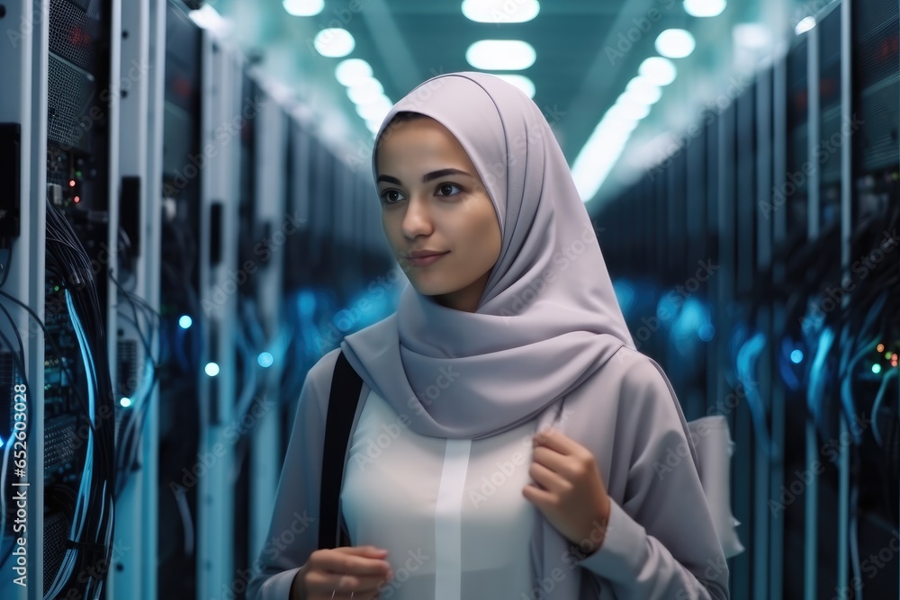 Poster muslim lady technician working in a server room with servers in the background