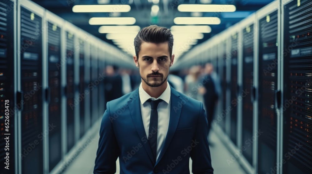 Fototapete Man IT engineer standing in a data center with server racks.