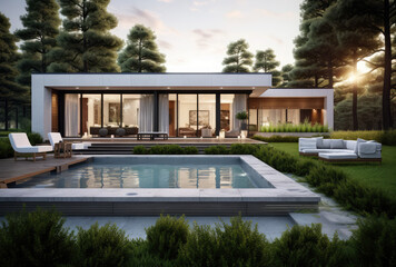 Fototapeta na wymiar 3d rendering of a modern house with sliding doors and a small yard