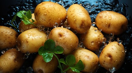 Rustic Farm-to-Table Aesthetic, Top-Down View Seamless Background of Freshly Harvested Potatoes with Glistening Water Droplets on Their Farm-Fresh Spuds
