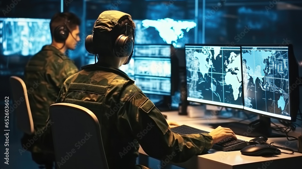 Poster military checking and working on computer for surveillance in control room, tracking operation.