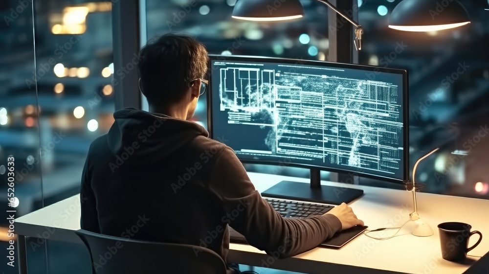 Aufkleber Programmer writing coding on laptop mockup screen for networking, malware or software at modern office.