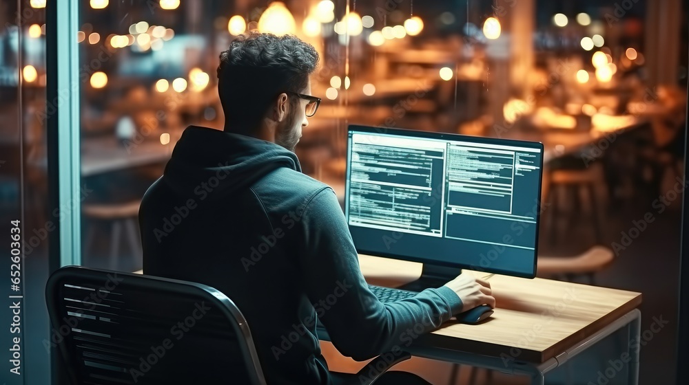 Aufkleber Programmer writing coding on laptop mockup screen for networking, malware or software at modern office.