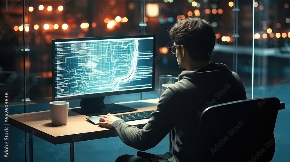 Poster programmer writing coding on laptop mockup screen for networking, malware or software at modern offi