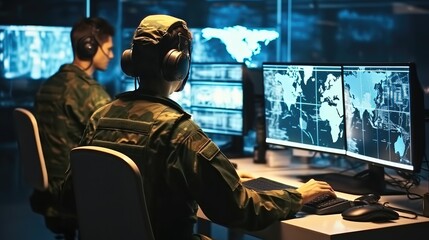 Military checking and working on computer for surveillance in control room, Tracking operation. - obrazy, fototapety, plakaty