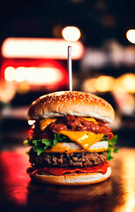 Close up of cheeseburger on wooden table in night club.