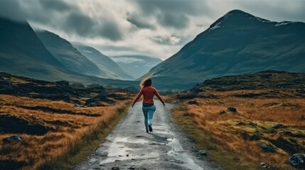 Woman walking alone in the highlands on mountain.