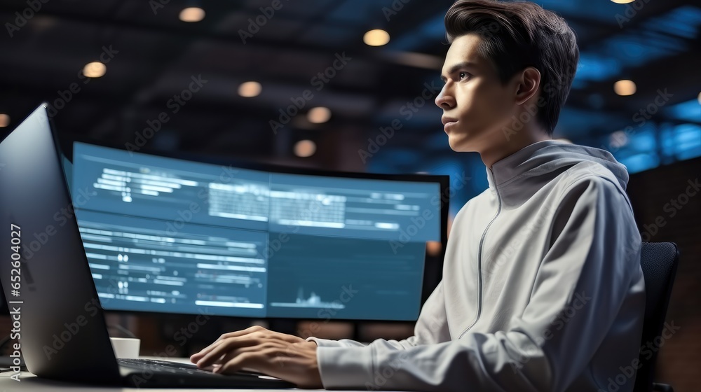 Poster Asian engineer are developing app software using computer in modern technology office.