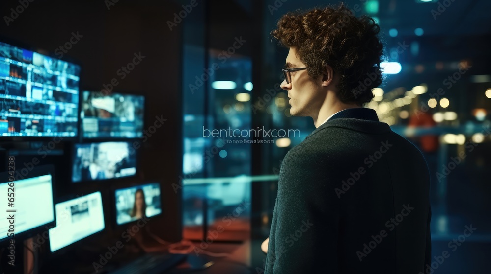 Fototapete man it are looking at computer screen in server room.