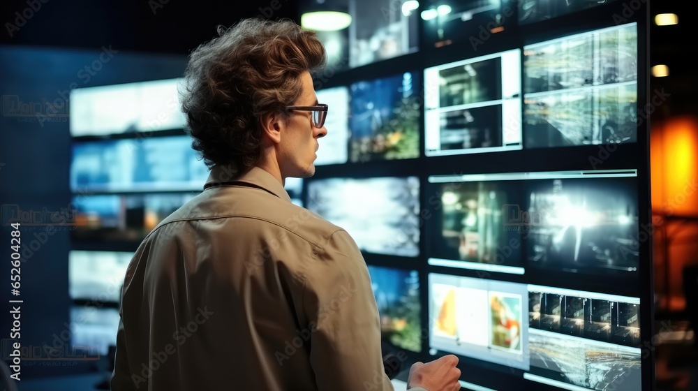 Leinwandbilder Professional developer standing and looking at computer displays for tracking operation system.