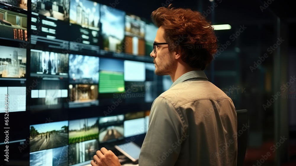 Leinwandbilder professional developer standing and looking at computer displays for tracking operation system.