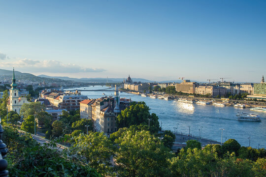 View of Budapest from Gellert hill on summer evening.