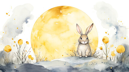 可愛い月とウサギのイラスト背景 - obrazy, fototapety, plakaty