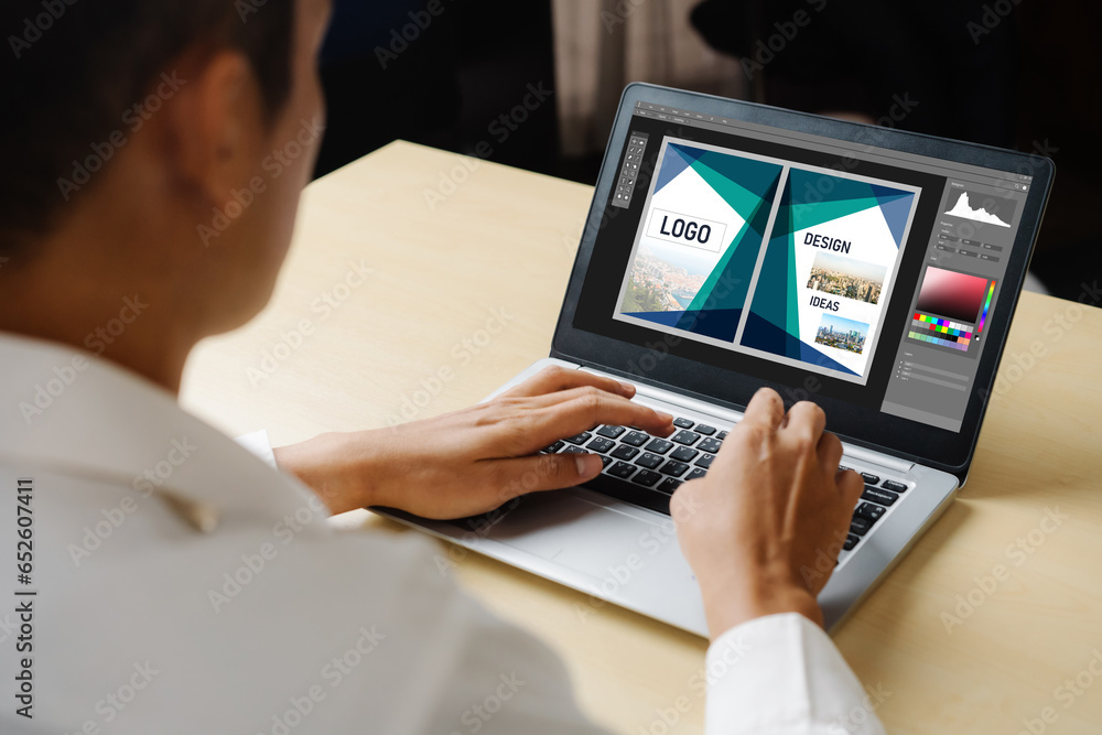 Poster graphic designer software for modern design of web page and commercial ads showing on the computer s