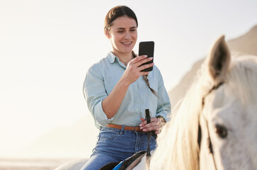 Horse riding, phone and woman on beach with pet for travel using social media, website and web for...