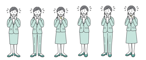 困って焦る女性ビジネスマン 片手 斜め
