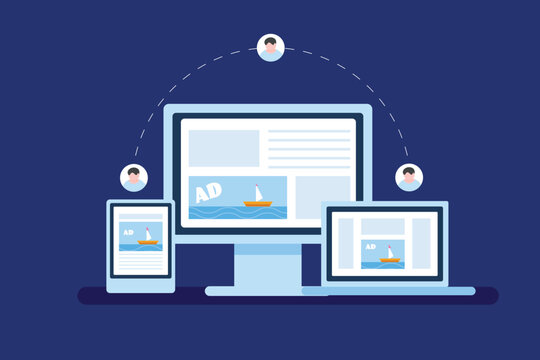 Digital advertising retargeting online audience concept, cross device remarketing campaign, ads display on desktop, laptop, smartphone, vector illustration.