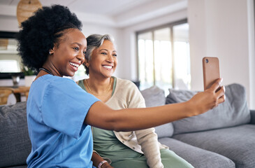 Selfie, phone and assisted living nurse with an old woman in the home living room together. Profile picture, support or community with a happy caregiver or volunteer and senior patient in a house