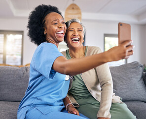 Selfie, phone and assisted living caregiver with an old woman in the living room of a home...