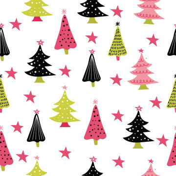 Colorful Christmas seamless pattern with Christmas trees in cheerful, bright colors and black.