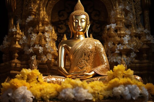 A golden-yellow Buddha statue meditating with flowers as the foreground. Generative AI