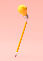 3d illustration of yellow bulb floating on top of yellow pencil on pink background.