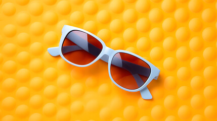 Summer sunglasses with brown lenses and white frames lie on a bright yellow pimpled background