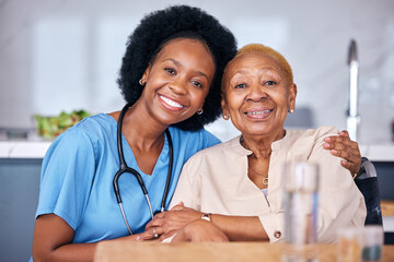 Portrait, smile and assisted living caregiver with an old woman in a retirement home together....