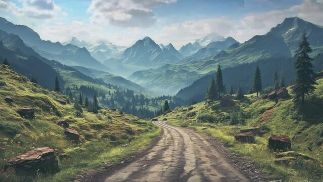 Natural view of mountains with thin mist. cartoon or anime illustration style. seamless looping virtual video animation background